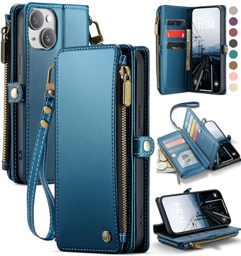 Defencase for iPhone 14 Plus Wallet Case with RFID Card Holder, Dark Blue | Durable Soft PU Leather, with Zipper Pocket, Wrist Strap, Fashion Snap Flip Phone Cases Cover with Stand for Women and Men - color: Dark Blue