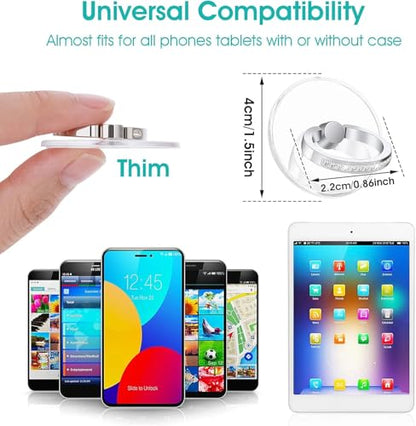 2pcs Diamond Phone Ring Stand Holder，Round Transparent Phone Ring Kickstand，360 Degree Rotation Finger Grip Compatible with All Smartphones，Tablet and Case