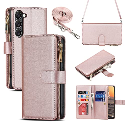 iCoverCase for Samsung Galaxy S23 Wallet Case with Card Holder, Kickstand Feature PU Leather Case with Adjustable Crossbody Lanyard Magnetic Clasp Zipper Pocket Flip Cover (Rose Gold) - color: Rose Gold, size: Galaxy S23