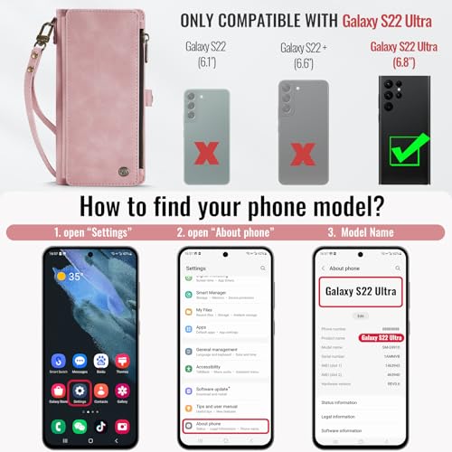 Defencase for Samsung Galaxy S22 Ultra Wallet Case with Card Holder, Pink | Durable PU Leather, with RFID Blocking Zipper Pocket, Wrist Strap, S22 Ultra Flip Phone Cases Cover with Stand for Women Men - color: Airy Rose Pink
