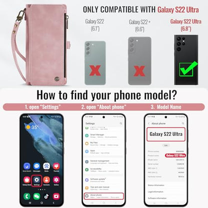Defencase for Samsung Galaxy S22 Ultra Wallet Case with Card Holder, Pink | Durable PU Leather, with RFID Blocking Zipper Pocket, Wrist Strap, S22 Ultra Flip Phone Cases Cover with Stand for Women Men - color: Airy Rose Pink