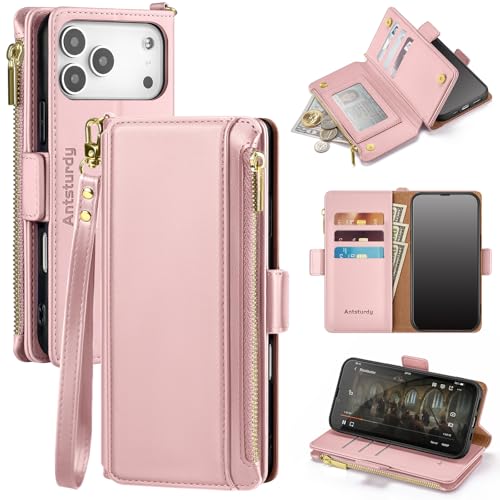 Antsturdy for iPhone 17 Pro Phone Wallet Case Women,Rose Gold | RFID Blocking,with Credit Card Holder Slots,PU Leather Purse,Zipper Pocket,Wrist Strap Kickstand,Flip Folio Cover for Men - color: Rose Gold