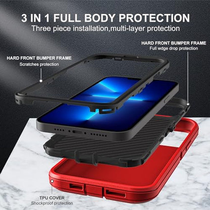 YKHJKLEC for iPhone 13 Pro Case, Military Grade 3 in 1 Heavy Duty Shockproof/Drop Proof/Dust Proof Case with 2Pcs Tempered Glass Screen Protector (Red/Black) - color: Red/Black
