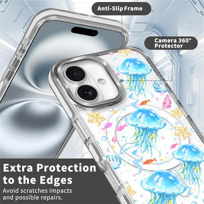 VisEnt Clear Case for iPhone 16, Magnetic Phone Case, Transparent Slim Cover, Military Grade Protection, Shockproof, Anti-Yellowing, Scratch Resistant, Blue Jellyfish Ocean - color: Blue Jellyfish Ocean, size: Iphone 16