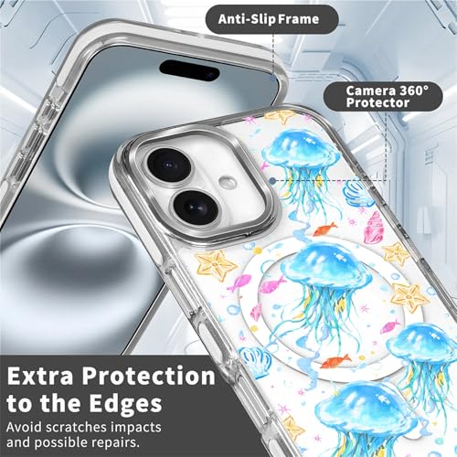 VisEnt Clear Case for iPhone 16, Magnetic Phone Case, Transparent Slim Cover, Military Grade Protection, Shockproof, Anti-Yellowing, Scratch Resistant, Blue Jellyfish Ocean - color: Blue Jellyfish Ocean, size: Iphone 16