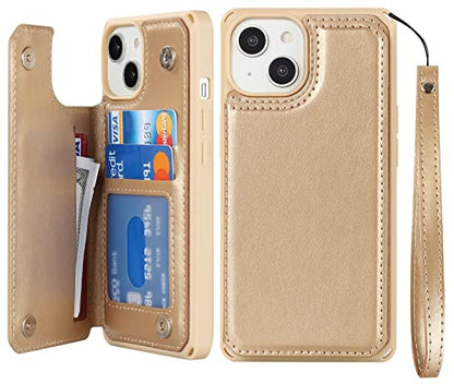 iCoverCase Compatible with iPhone 14 Wallet Phone Case with Card Holder for Women, RFID Blocking Embossed PU Leather Wrist Strap Case 6.1 Inch (Macaron Gold) - color: P-Gold