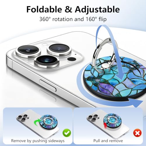 Magnetic Phone Ring Holder with MagSafe, 360° Rotation Super Magnet Finger Grip Removable Kickstand, Cute Stained Glass Floral Designed Stand for iPhone 17 16 15 14 13 12 Pro Max Plus, Blue Flower - color: Blue Flower