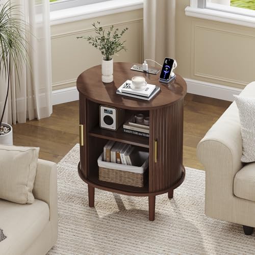 DHH Mid Century Modern Nightstand with Charging Station, Fluted Accent Side Table with Sliding Door & Adjustable Shelf, End Table for Small Space, Living Room, Bedroom,Sofa Couch (1, Walnut) - color: Walnut