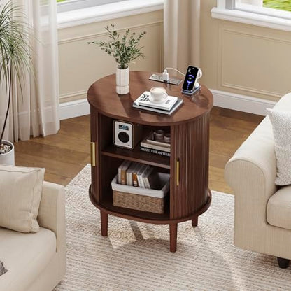 DHH Mid Century Modern Nightstand with Charging Station, Fluted Accent Side Table with Sliding Door & Adjustable Shelf, End Table for Small Space, Living Room, Bedroom,Sofa Couch (1, Walnut) - color: Walnut