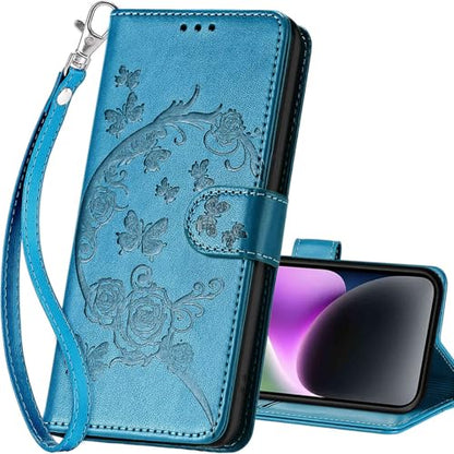 for iPhone 15 Plus Wallet case, Blue-Flower | 3 Card Holders, Kickstand, Shockproof TPU Shell, PU Leather, Magnetic Closure, Protective Flip Folio Cover, Women - color: 7