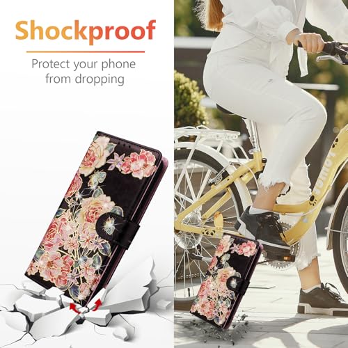 UEEBAI Wallet Case for Samsung Galaxy A17 5G, PU Leather Phone Cover Kickstand RFID Blocking Flip Case Card Slots Wrist Strap Relief Engraved Pattern Magnetic Closure Folio Cover - Black Rose - color: Black Rose, size: Samsung Galaxy A17 5G