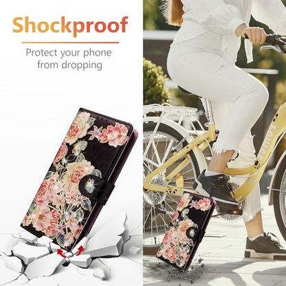 UEEBAI Wallet Case for Samsung Galaxy A17 5G, PU Leather Phone Cover Kickstand RFID Blocking Flip Case Card Slots Wrist Strap Relief Engraved Pattern Magnetic Closure Folio Cover - Black Rose - color: Black Rose, size: Samsung Galaxy A17 5G