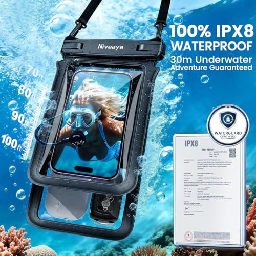 Niveaya IPX8 Double Space Waterproof Phone Pouch (up to 8.3") -2 Pack Waterproof Phone Case with Lanyard for iPhone 17 16 15 Pro Max,Touchscreen & Underwater Photography, Beach Cruise Essentials 2026 - color: Black+ Black, size: Medium 8.3"