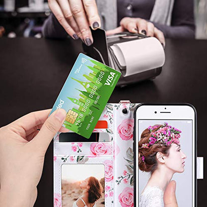 ULAK for iPhone SE 3(2022)/SE(2020)/8/7 Wallet Case Card Holder, Rose Gold | Premium Floral PU Leather Flip Case with Kickstand Card Slots,RFID Blocking,Wrist Strap, Durable Shockproof Cover 4.7 Inch - color: Rose Gold