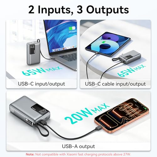 MOKiN 65W Portable Charger, 20000mAh Fast Charging Power Bank with Built-in USB-C Cable, Smart Display Battery Pack, Pocket Charger for iPhone 17-12, Samsung, iPad, Laptop, MacBook & More - color: Grey-2