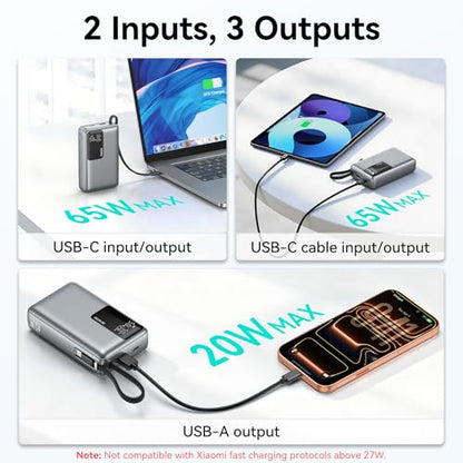 MOKiN 65W Portable Charger, 20000mAh Fast Charging Power Bank with Built-in USB-C Cable, Smart Display Battery Pack, Pocket Charger for iPhone 17-12, Samsung, iPad, Laptop, MacBook & More - color: Grey-2