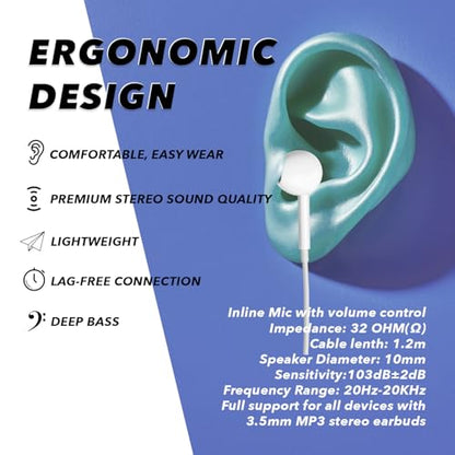 Wired Earbuds with Microphone, 3.5mm in‑Ear Headphones with Inline Volume Control, Plug‑in Earphones for Laptops, Tablets, and Phones – White