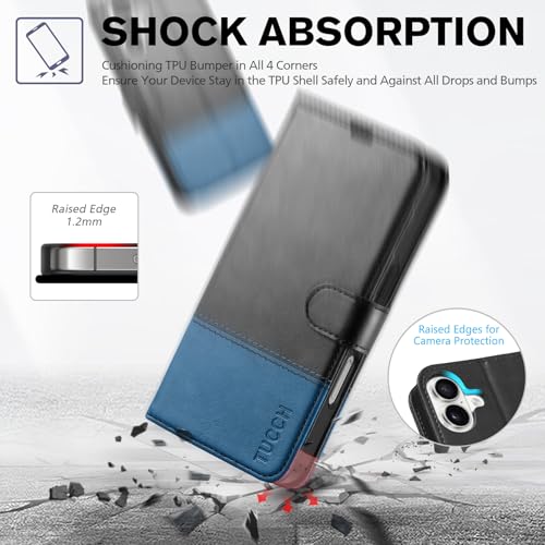 TUCCH Case Wallet for iPhone 16 (6.1"), RFID Blocking, Black & Light Blue | 4 Card Holders, Kickstand, PU Leather, Magnetic Closure, Shockproof TPU Shell, Protective Flip Cover - color: Two-tone Black & Light Blue