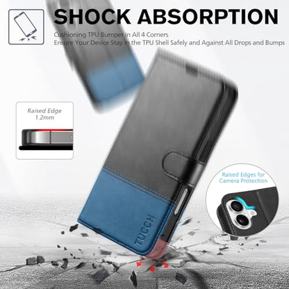TUCCH Case Wallet for iPhone 16 (6.1"), RFID Blocking, Black & Light Blue | 4 Card Holders, Kickstand, PU Leather, Magnetic Closure, Shockproof TPU Shell, Protective Flip Cover - color: Two-tone Black & Light Blue