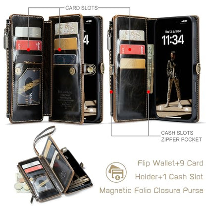Defencase for iPhone 17 Wallet Case with RFID Blocking Card Holder, Coffee | Durable Soft PU Leather, with Zipper Pocket, Wrist Strap, Fashion Snap Flip Phone Cases Cover with Stand for Women and Men - color: Coffee