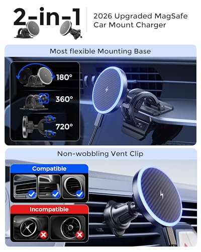 Estbuc 2-in-1 15W Magsafe Car Mount Charger, Magnetic Wireless Car Charger