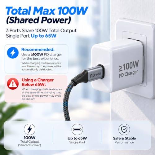 USB C to USB C 3 in 1 Multi Charging Cable 5FT, 100W Max Fast Charge USB C Splitter Charging Cable with 3 Type C Ports for iPhone 17/16/15 Series, Samsung Galaxy S25, iPad, MacBook Air/Pro, Lenovo