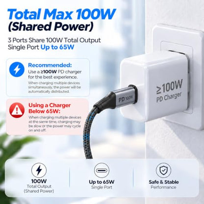 USB C to USB C 3 in 1 Multi Charging Cable 5FT, 100W Max Fast Charge USB C Splitter Charging Cable with 3 Type C Ports for iPhone 17/16/15 Series, Samsung Galaxy S25, iPad, MacBook Air/Pro, Lenovo