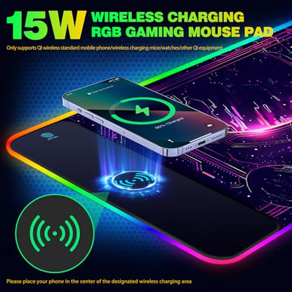 AIMSA Wireless Charging,15W Wireless Fast Charging with Mouse Pad, Large Keyboard RGB Mouse Pad with 14 LED Light Modes, Non-Slip Desk Pad, Purple Planet - color: Purple Planet