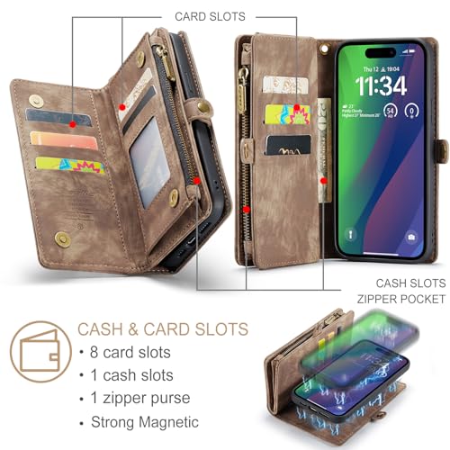 Compatible with iPhone 15 Plus Wallet Case with Magsafe,Coffee | Magnetic Detachable Case,Card Holder,Zipper Pocket,Strap Wristlet, Soft Leather Drop-Proof Phone Case for iPhone 15 Plus 6.7" - color: Coffee, size: iPhone 15 Plus 6.7"