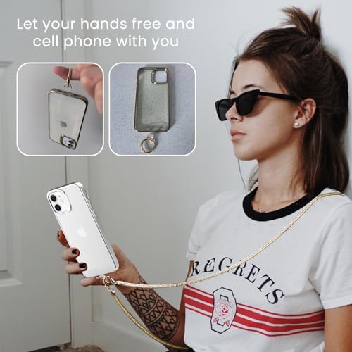 Crossbody Phone Strap Detachable CellPhone Lanyard Chain Shoulder Neck with Wrist Strap Charm Finger Grip 3 Patches Tether Anti Theft Universal for iPhone 17 16 Pro Max 15 14 13 Samsung Gold - color: S-gold