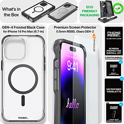 REBEL Clear Case for iPhone 14 Pro Max [Frosted Series Gen-4] Strong MagSafe Compatible, Translucent, Matte Texture, Protective Shockproof Bumpers, Metal Buttons, 6.7 Inch Phone 2023 (Frosted Black) - color: Frosted Black, size: iPhone 14 Pro Max