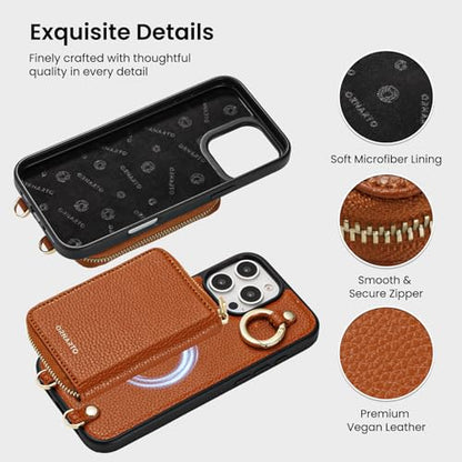 ORNARTO Magnetic Detachable Wallet Case for iPhone 16 Pro Max, Brown | Compatible with MagSafe, Crossbody Wallet Case with Card Holder Wrist Strap, RFID Blocking PU Leather Wallet Phone Cover 6.9” - color: Brown