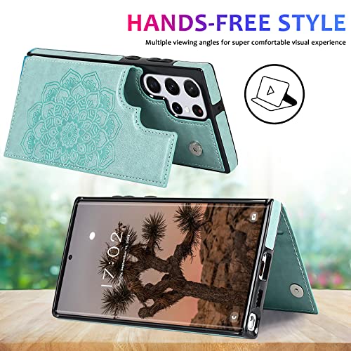 PASNEW S22 Ultra Case Wallet Card Holder,6.8 inch,Green | Card Holder, Floral Double Magnetic, PU Leather, Kickstand, Flip Cover - color: Green, size: S22Ultra【6.8"】