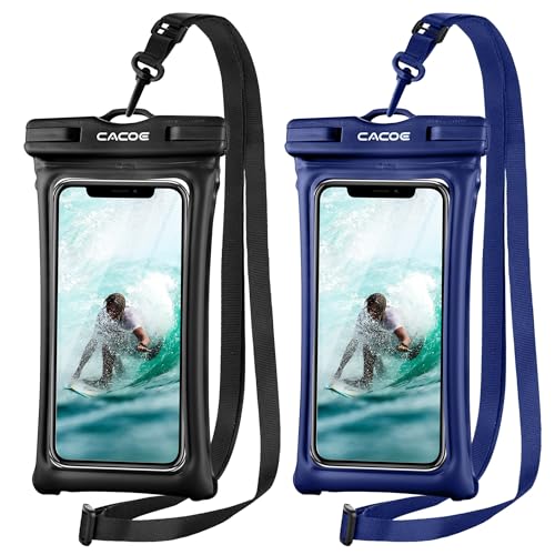 CACOE Floatable Waterproof Phone Pouch 2 Pack Up to 7.0",Black+Dark Blue | Floatable, IPX8 Waterproof Phone Case,Adjustable Lanyard,Dry Bags for Beach/Cruise/Travel/Camping/Kayak/Vacation Essentials - color: Black+Dark Blue