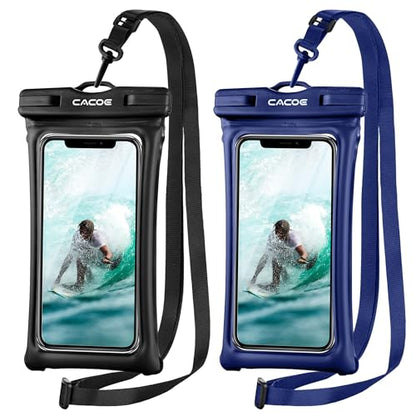 CACOE Floatable Waterproof Phone Pouch 2 Pack Up to 7.0",Black+Dark Blue | Floatable, IPX8 Waterproof Phone Case,Adjustable Lanyard,Dry Bags for Beach/Cruise/Travel/Camping/Kayak/Vacation Essentials - color: Black+Dark Blue