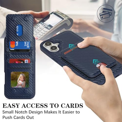 Ｈａｖａｙａ Carbon Fiber Wallet Case for iPhone 16 - Blue | Carbon fiber, detachable wallet, 5-card slots & kickstand, MagSafe 15W fast charge, raised bezels - color: Blue