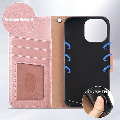 Arae Compatible with iPhone 15 Pro Case with Card Holder and Wrist Strap Wallet Flip Cover for iPhone 15 Pro 6.1 inch,Rose Gold - color: Rose Gold, size: iPhone 15 Pro 6.1 inch