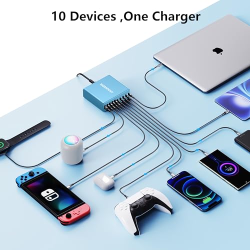 320W USB C Charger Block, MGRNPONY 10-Port GaN USB C Charging Station - color: Light Blue