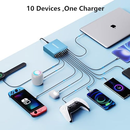 320W USB C Charger Block, MGRNPONY 10-Port GaN USB C Charging Station - color: Light Blue