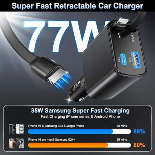Retractable Car Charger USB C Fast Charging, 4 in 1 Car Adapter - color: 2-Pack