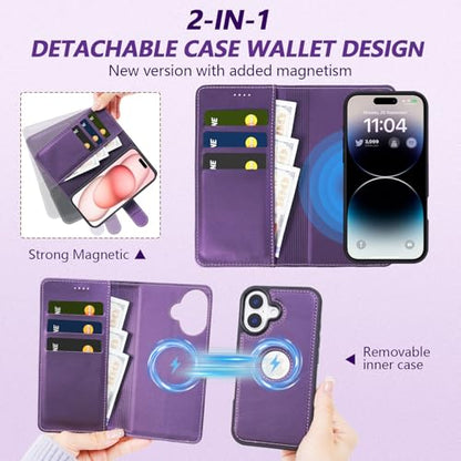 2 in 1 PU Leather for iPhone 16 Leather Case, Detachable Wallet Case with Card Holder, Removable Flip Folio Cover with RFID Blocking, Stand Shockproof Phone Cover（Compatible with MagSafe） Purple - color: Purple, size: Iphone 16
