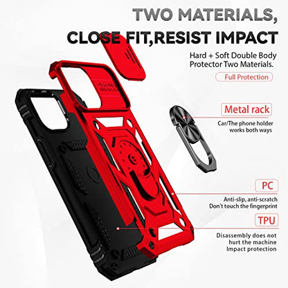 for iPhone 13 Case with Camera Lens Cover HD Screen Protector, Dual Layer [15 FT Military Grade Drop Protection] Magnetic Ring Holder Kickstand Protective Phone Case for iPhone 13 6.1 inch (Red) - color: Red with camera cover Military-Grade 2nd gen