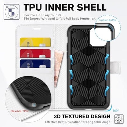 TUCCH Case Wallet for iPhone 11 (6.1") 2019, RFID Blocking Folio, White | 3 Card Holders, Kickstand, PU Leather, Magnetic Closure, Shockproof TPU Shell, Protective Flip Cover - color: White