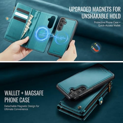 Defencase for Galaxy S25 Plus Case Wallet Compatible with Magsafe, Green | Magnetic Detachable, RFID Bolcking Card Holder, Zipper Strap, PU Leather Drop-Proof Phone Cover for Samsung Galaxy S25+/Plus - color: (Detachable with Magsafe)-Blue Green