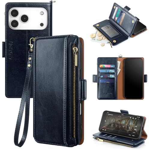 Antsturdy for iPhone 17 Pro Max Phone Wallet Case Women,Dark Blue | RFID Blocking,with Credit Card Holder Slots,PU Leather Purse,Zipper Pocket,Wrist Strap Kickstand,Flip Folio Cover for Men - color: Dark Blue