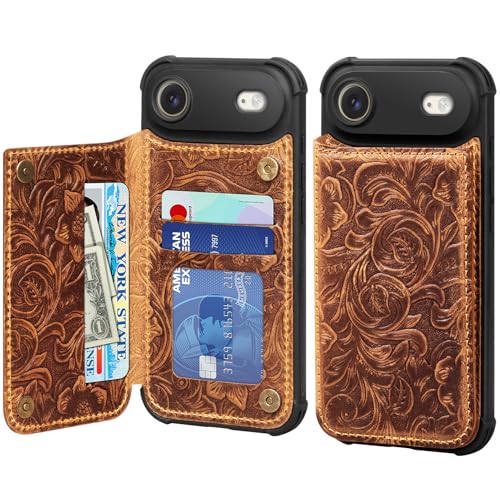 Wallet Real Leather Case Compatible with iPhone 17 Air 6.5" Brown | Genuine Leather,Shockproof, Anti-Fall Case,Flip Cover,with Card Slot,Double Magnetic Buckle,Kickstand,RFID Blocking Brown - color: Brown, size: 6.5"-17 Air