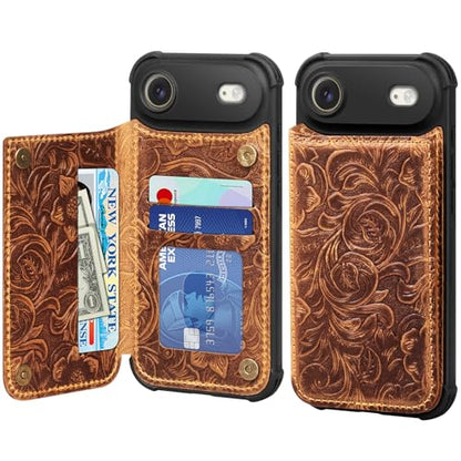 Wallet Real Leather Case Compatible with iPhone 17 Air 6.5" Brown | Genuine Leather,Shockproof, Anti-Fall Case,Flip Cover,with Card Slot,Double Magnetic Buckle,Kickstand,RFID Blocking Brown - color: Brown, size: 6.5"-17 Air