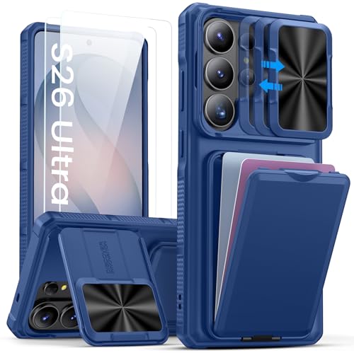 SSLOTSCASE for Samsung Galaxy S26 Ultra Case with 2X Screen Protector, [9H Hardness] Military-Grade Shatterproof, Kickstand & Card Holder & Sliding Lens Cover, Durable Phone Cover for S26 Ultra, Blue - color: Blue-SP, size: S26 Ultra