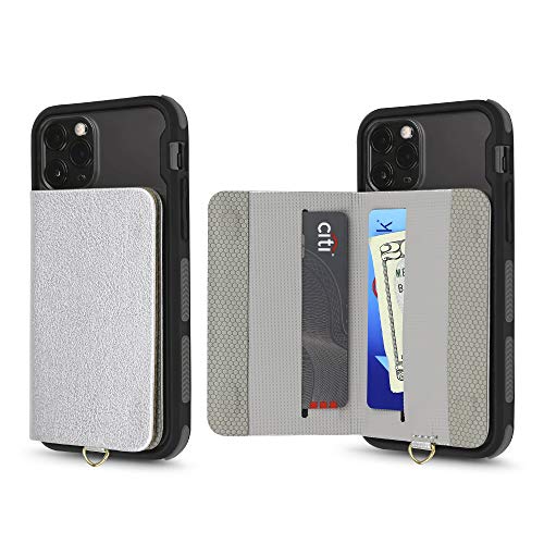 Cell Phone and Credit Card Holder with Crossbody and Wrist Straps, Stick-On Wallet w/RFID Protection Multiple Card Slots Transparent ID Pocket - color: Silver