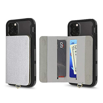 Cell Phone and Credit Card Holder with Crossbody and Wrist Straps, Stick-On Wallet w/RFID Protection Multiple Card Slots Transparent ID Pocket - color: Silver